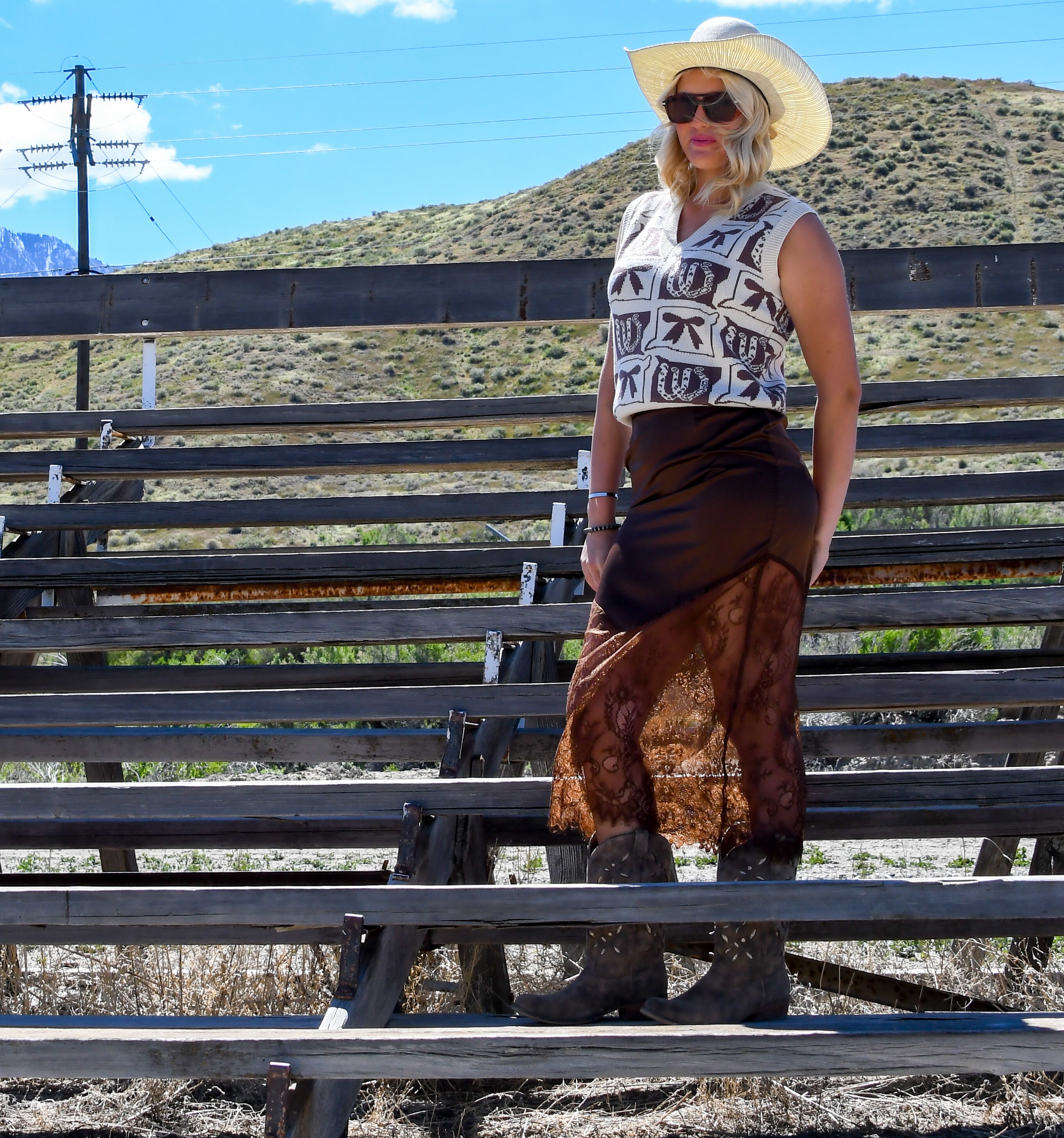 Brown Satin Lace Midi Skirt