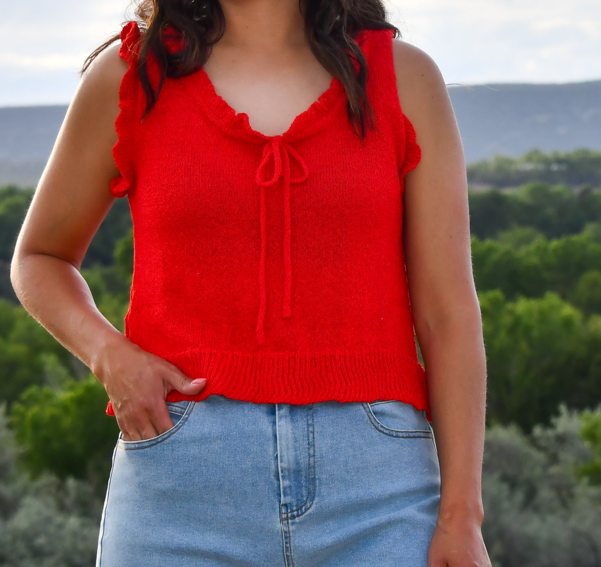 Red Ruffle Sleeveless Top