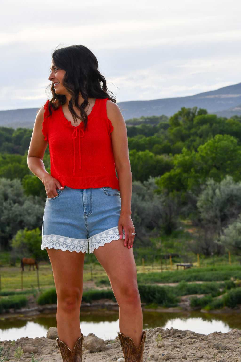 Light Denim Lace Trim Shorts
