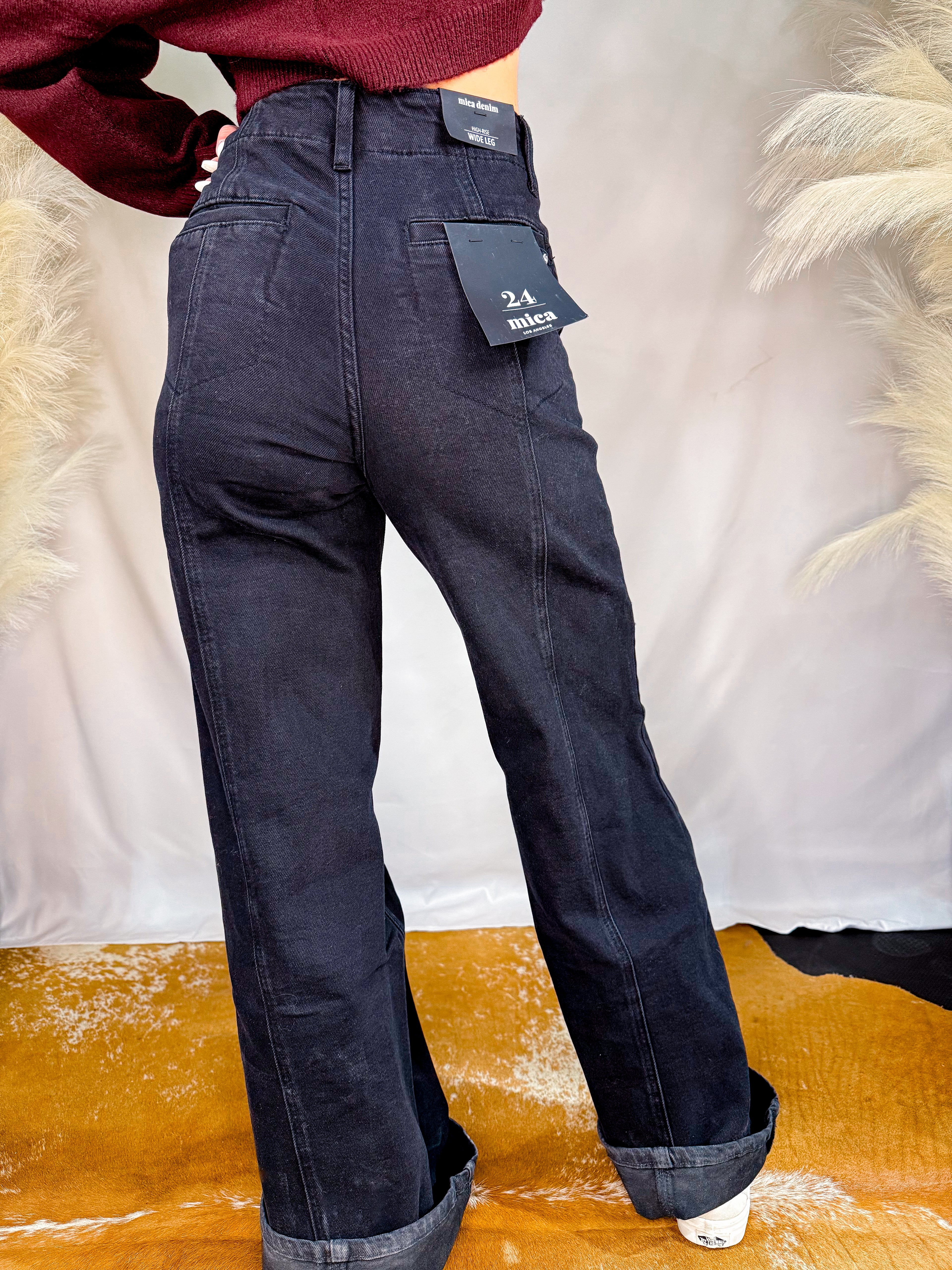 Black Wide Leg Seamed Jeans