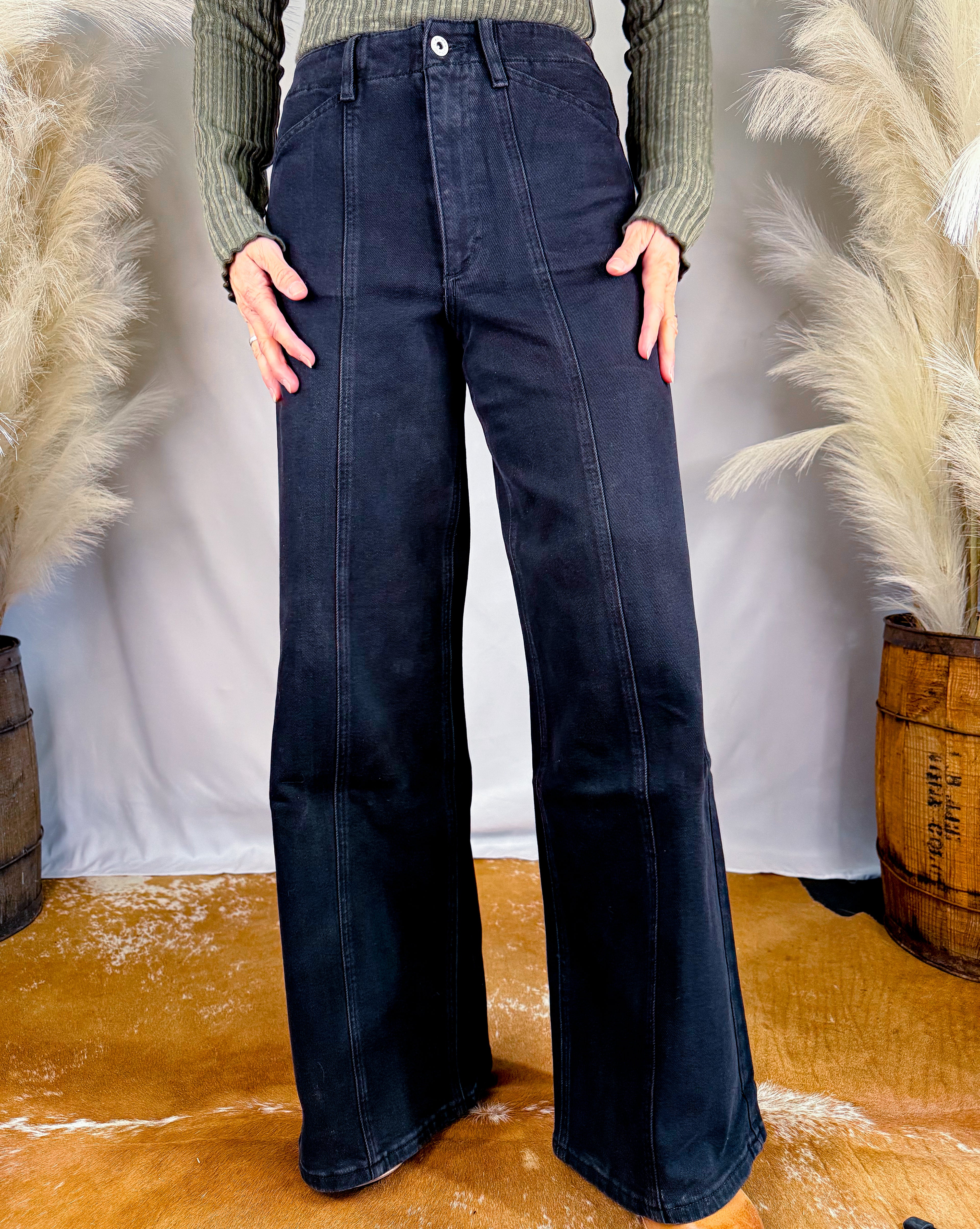 Black Wide Leg Seamed Jeans