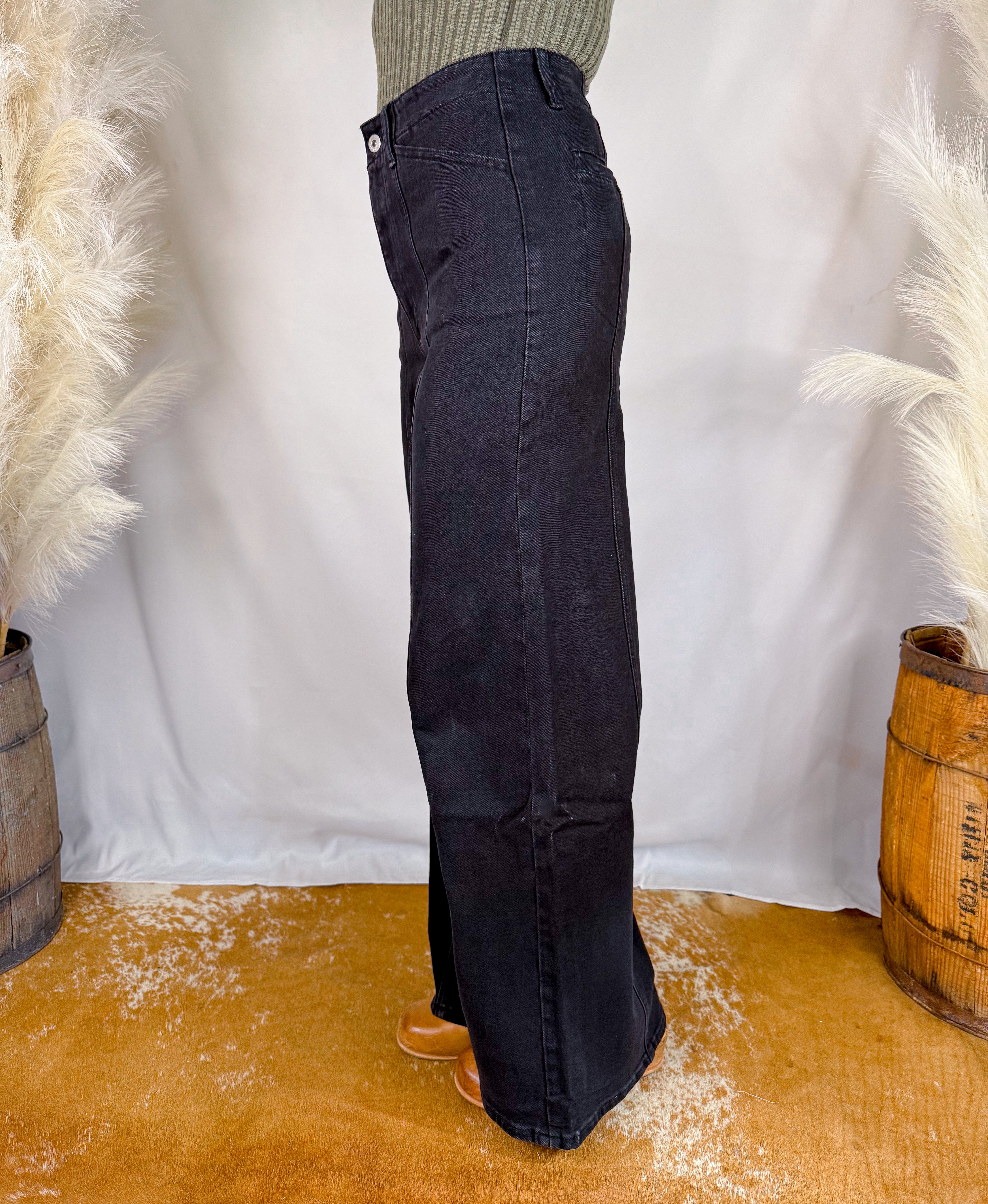 Black Wide Leg Seamed Jeans