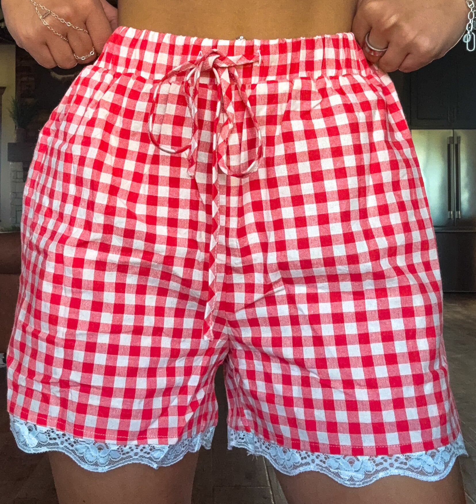 Red Gingham Lace Shorts