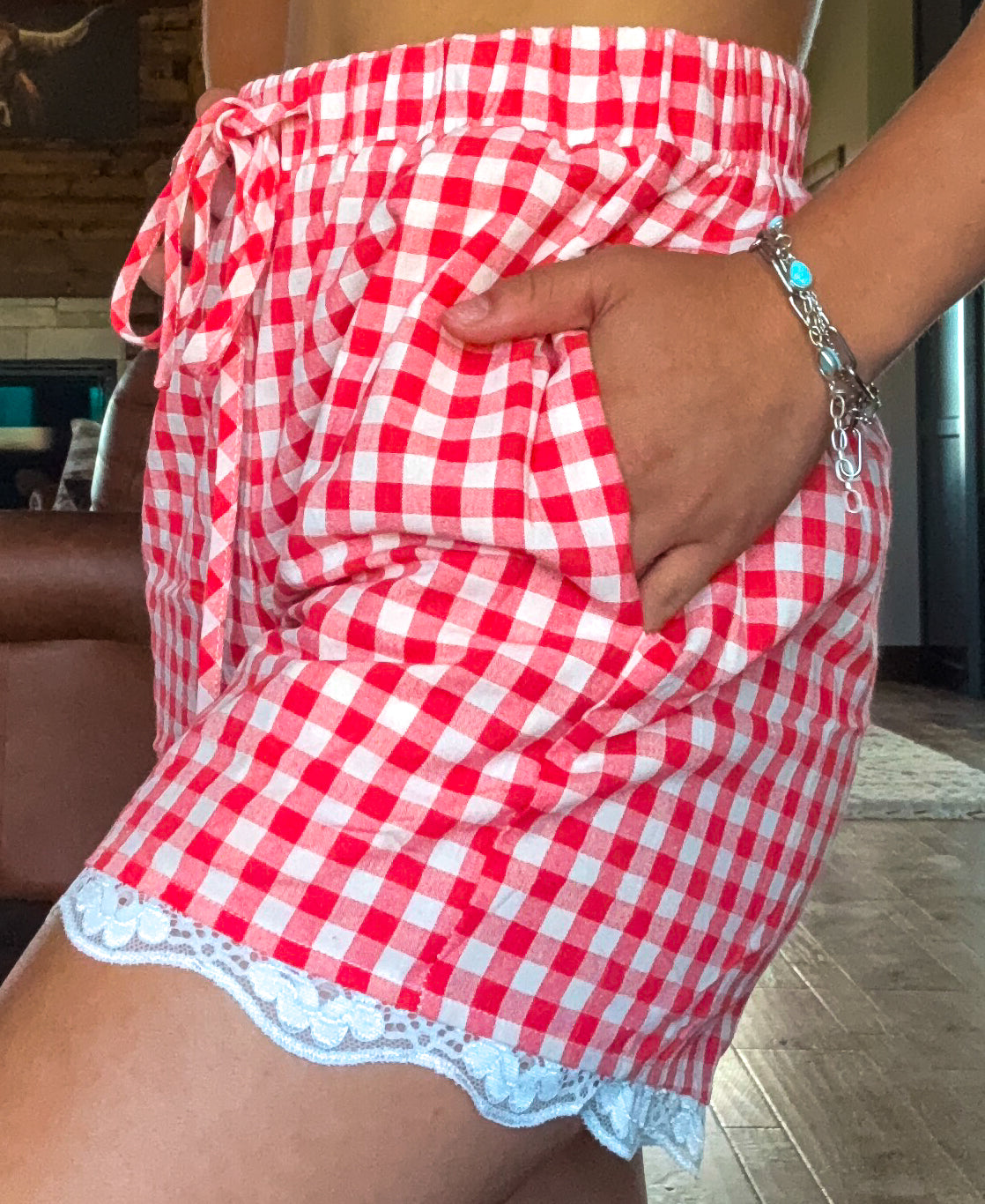 Red Gingham Lace Shorts