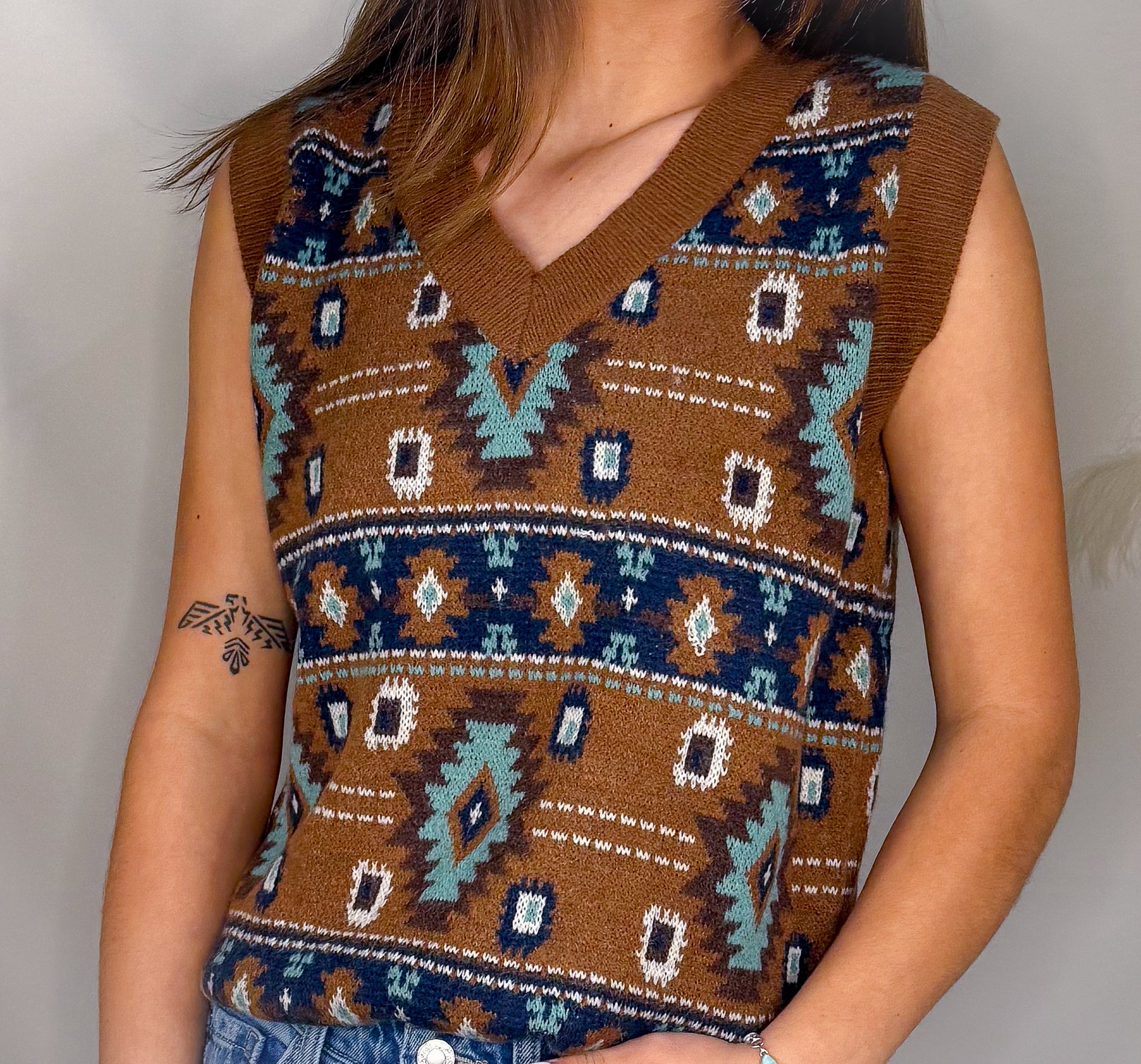 Aztec Knit Vest | Brown