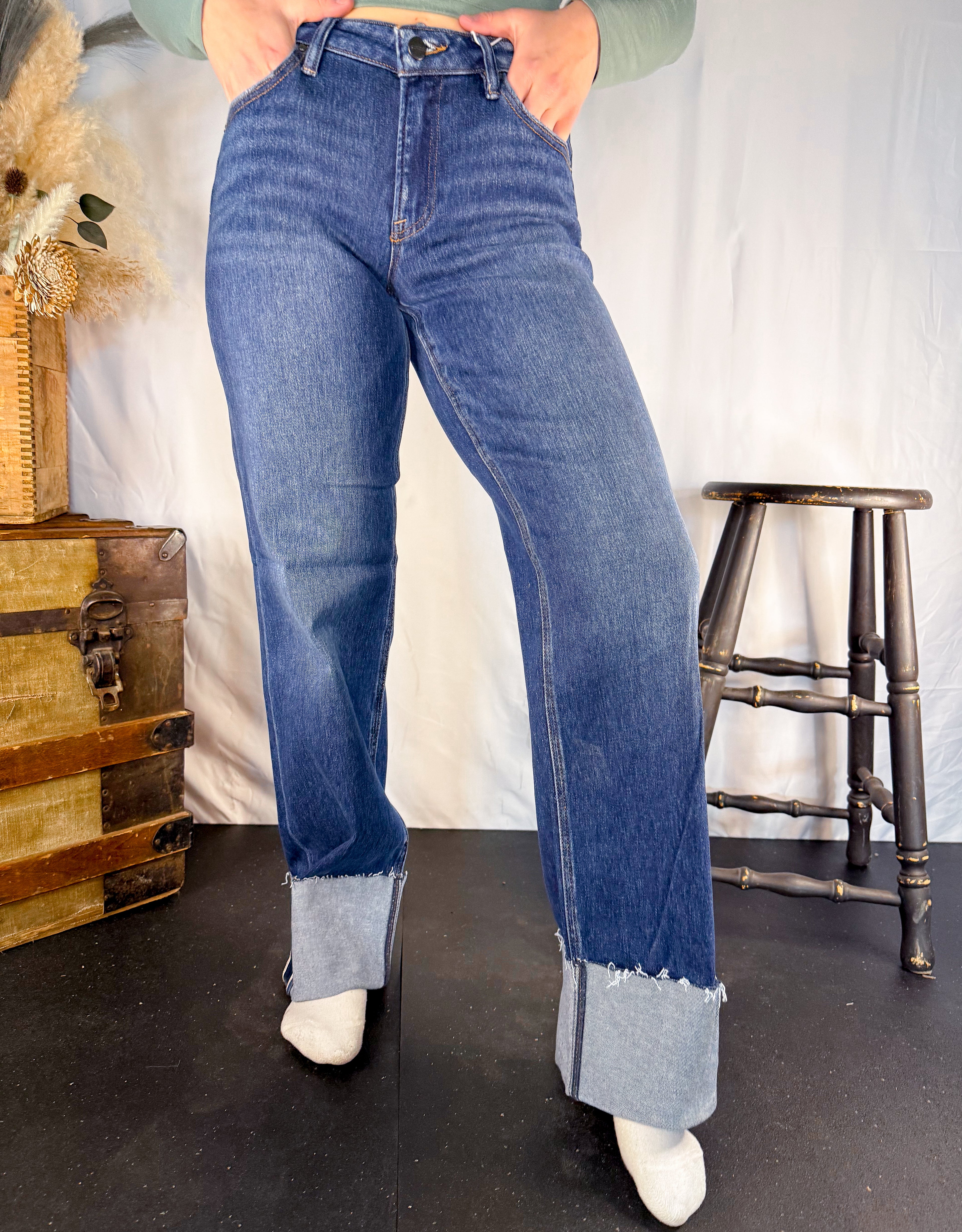Dark Wash Wide Straight Cuff Jeans