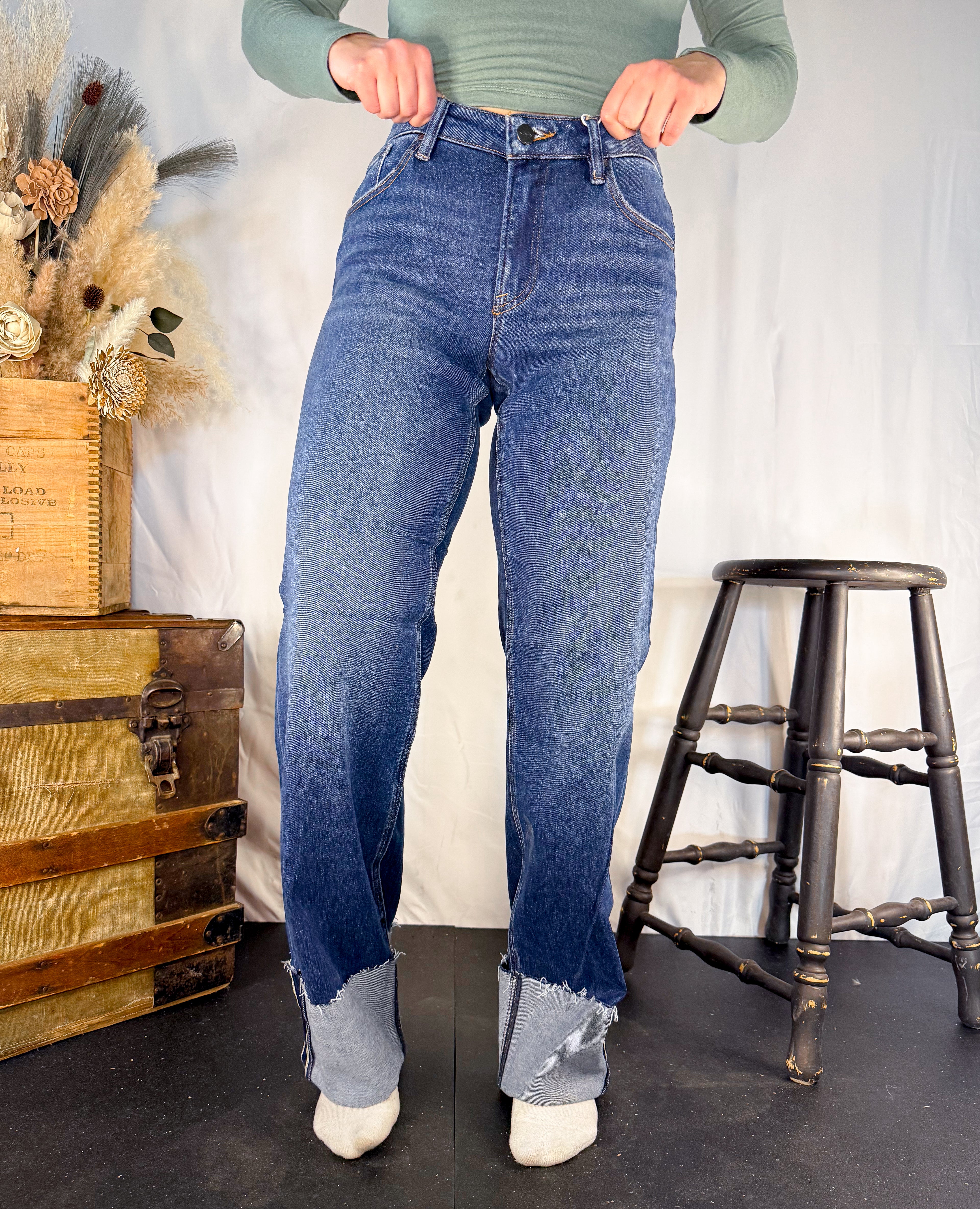 Dark Wash Wide Straight Cuff Jeans