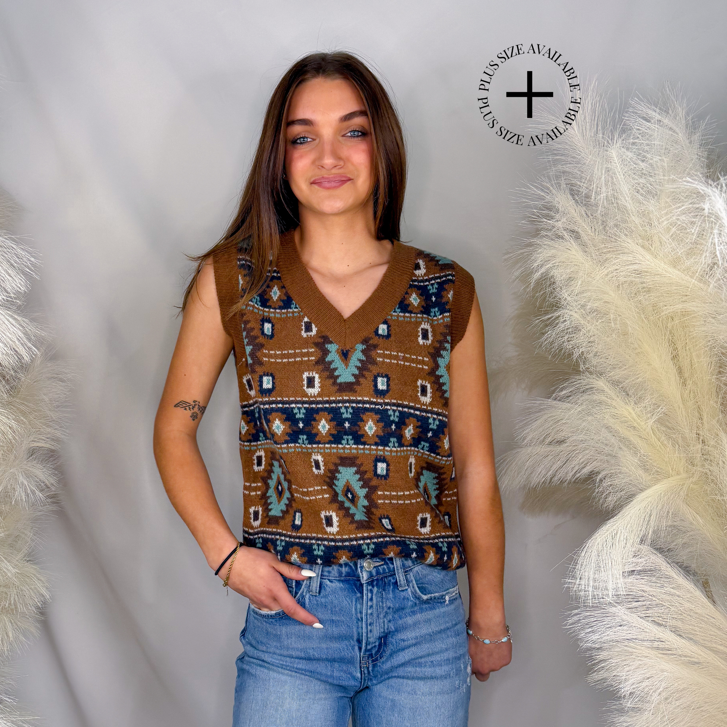 Aztec Knit Vest | Brown